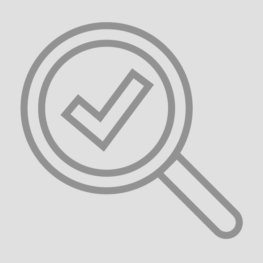 Icon zum Thema Qualität, eine Lupe mit einem Hacken drin 